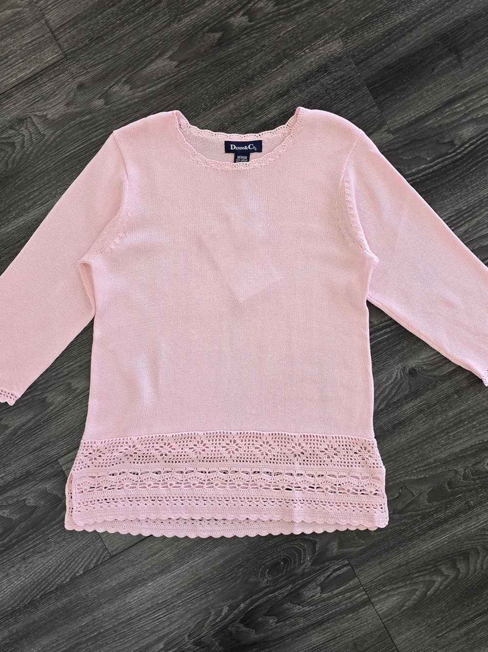 Denim & Co. Women's Pink Knit Crochet Hem Pullover Sweater Tunic Top Medium